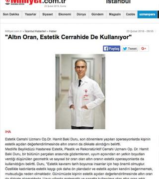 Op. Dr. Hamit Baki DURU'nun ''Altın Oran, Estetik Cerrahide de Kullanılıyor'' konulu yazısı bir çok haber portalında yer aldı.