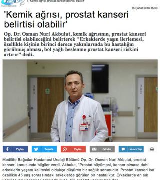 Op. Dr. Osman Nuri AKBULUT'un ''Kemik ağrısı, prostat kanseri belirtisi olabilir'' yazısı, bir çok haber portalında yayınlandı.